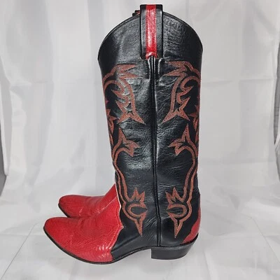 Botas de Vaquero Larry Mahan Mujer 7.5 Negras/Rojas Piel de Serpiente/Cuero 5051 De Colección Años 80 Foto 1 de 4