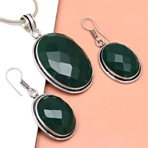 Onyx Green Pendant Set Earrings Jewelry Gemstone Handmade Ethnic - Picture 1 of 12