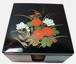 Lackgeschirr Untersetzer (6) Set Blumen Passende Aufbewahrungsbox Set Japan MCM Vintage - Bild 1 von 12