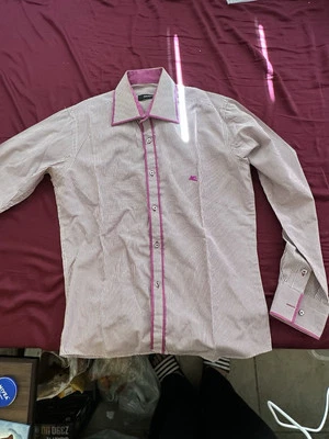 Мужская средний в полоску длинным рукавом платье рубашка розовый/белый контраст отделки - Изображение 1 из 3