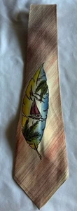 Cravatta vintage dipinta a mano barca a vela, righe foglia cravatta uomo 4 1/4” L X 52” L - Foto 1 di 9