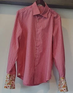 Robert Graham Dress Shirt Mens 16.5" 42 L Pink Stripe Floral French Cuff Cotton - Picture 1 of 24