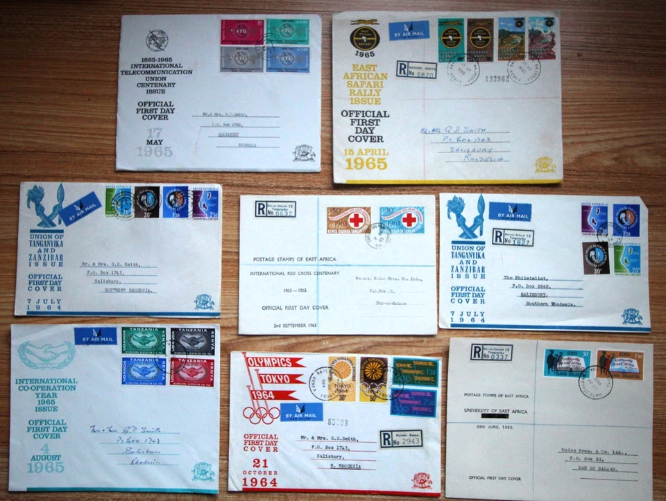 BONITO LOTE DE FDC KENIA, UGANDA Y TANZANIA X 8 ALGUNOS REGISTRADOS 1963 - 1965 Foto 1 de 4