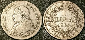 Italia - Vaticano - Pio IX - 1 Lira Argento 1866 Anno XXI TTB ! KM#1377.2 - Picture 1 of 1