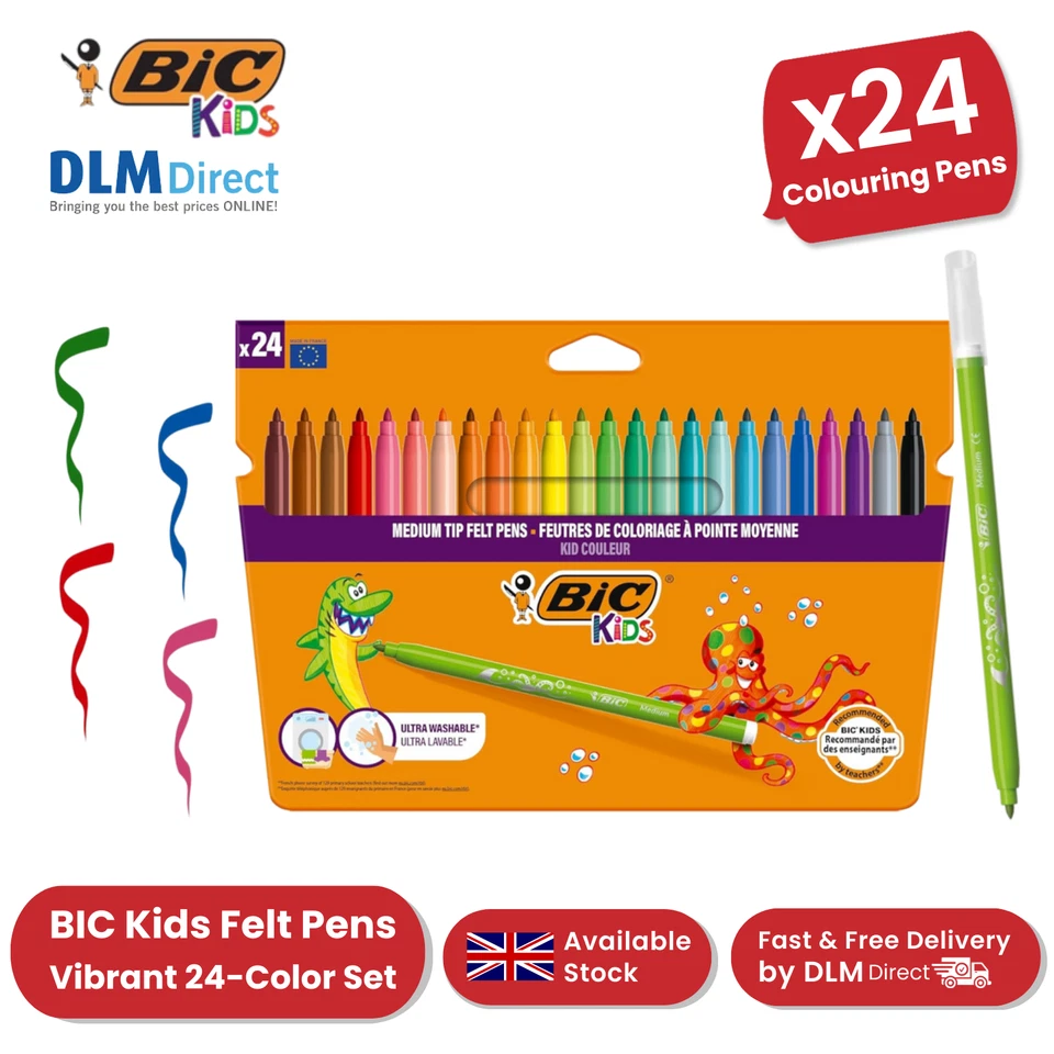 BIC Kids Felt Tip Pen 24 Colours Medium Blocked Tip for Art, Washable Pack of 24 — 第 1/4 张图片