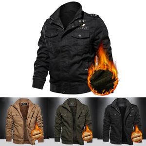 Long Sleeve Men's Winter Coat Warm Fleece Lined Thicken Jacket Khaki M 4XL