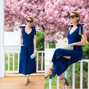 Amanda Uprichard Iris Jumpsuit Size Large Navy Blue Bow Blogger Fave Wide Leg - Picture 1 of 12
