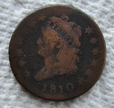 1810 Classic Head Copper Large Cent Rare Key Date VG Corroded Cleaned Scratched - Image 1 of 3