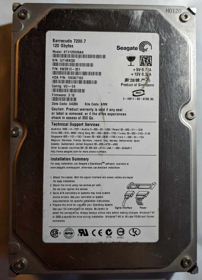 Seagate ST3120026AS 120GB 7.2K SATA 3.5" Disk Drive P/N 9W2813-351 - Image 1 of 1
