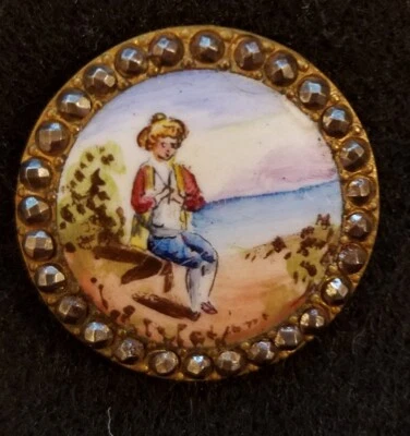 AMAZING ANTIQUE PAINTED ENAMEL W/A SEATED GENTLEMAN &A CUT STEEL BORDER  1-1/16" - Image 1 of 3