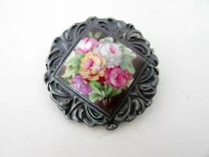 ANTIQUE SILVERPLATE ROSENTHAL PORCELAIN FLORAL BROOCH PIN - Picture 1 of 3