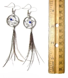 Vintage Feather Dreamcatcher Dangle Earrings Blue Silver Native American 4" - Picture 1 of 5