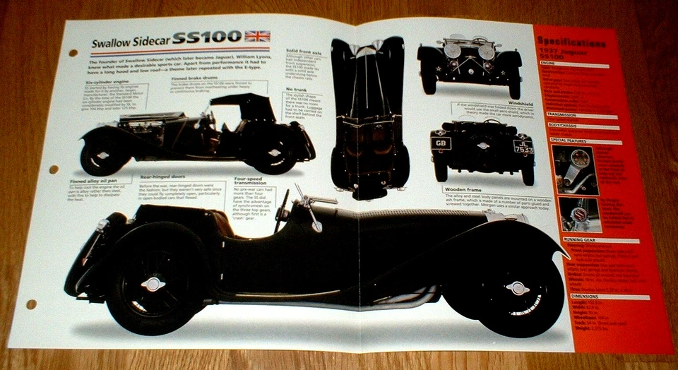 1937 JAGUAR SS100 SWALLOW SIDECAR ORIGINAL IMP BROCHURE SPECS INFO 37 SS 35-39 - Image 1 of 1