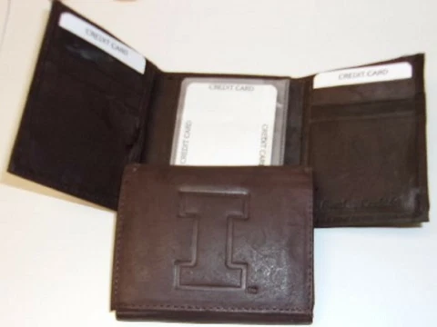 Illinois Fighting Illini Brown Leather Trifold Wallet Embossed name.   #371 Cover