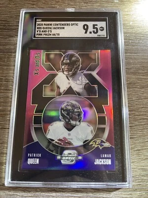 SGC 9.5 2020 PANINI CONTENDERS OPTIC X’s & O’s LAMAR JACKSON PINK PRIZM NUM /75 - Image 1 of 3