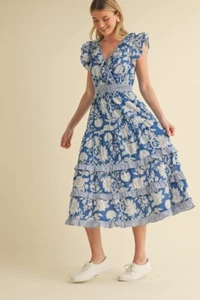 Vestido midi para mujer &Merci floral con cuello en V dobladillo en capas en azul/blanco - Imagen 1 de 8