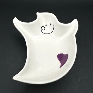 Halloween Ghost Trinket Dish With Smiley Face And Purple Heart 5 Inch Porcelain - Picture 1 of 8