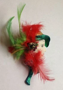 CHRISTMAS LADY HEAD FACE PIN BROOCH  Whimsical Red & Green Feathers 3" USA  - Picture 1 of 3