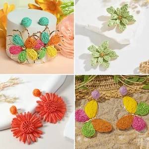 Handmade Raffia Stud Earrings Flowers Butterfly Style Rattan Colourful Jewellery - Picture 1 of 19
