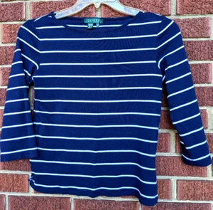 Lauren Ralph Lauren Blue White Striped 3/4 Sleeve Top-M - Picture 1 of 9