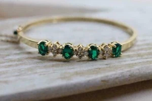 14K Yellow Gold Plated 3Ct Oval Cut Lab Created Emerald Bangle Bracelet - Picture 1 of 5