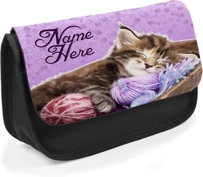 Personalised Cat Pencil Case Girls Black School Stationary Bag Kitten Gift ST370 - Image 1 of 4