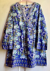 Fab *EAST ARTISAN with ANOKHI* Floral Hand Block Print Tunic Kaftan Top 16 - Picture 1 of 7