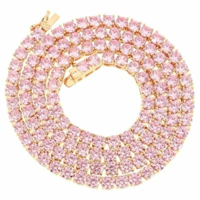 Unisex 4mm 1 Row 14K Rose Gold Finish Pink Lab Diamonds 24 inch Tennis Necklace - Image 1 of 2