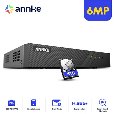 ANNKE 8CH H.265+ 6MP POE Security NVR Recorder for 2MP/4MP/6MP POE IP Camera - Image 1 of 4