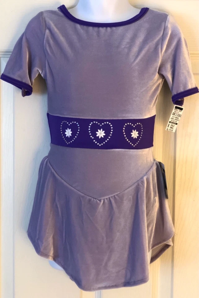 GK ICE FIGURE SKATE GIRLS SMALL SSLV PURPLE VELVET JA HEARTS FLORAL DRESS CS NWT - Image 1 of 4