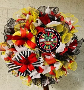 "Juneteenth-Know Your History!" Handmade Deco Mesh Wreath 24–27" - Picture 1 of 5