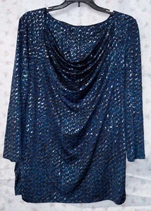 Damen Bluse Markenlos L blau schwarz und glänzend silber mit U-Boot Ausschnitt - Bild 1 von 7