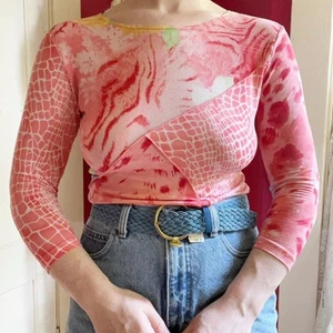 Vintage Y2K Peach Mixed Print Inside Out Look Blue Rose Floral Stretch Top S - Picture 1 of 8