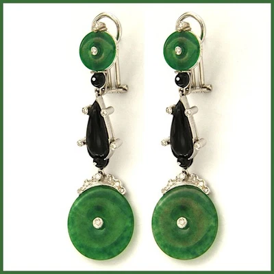 Orecchini in ORO Bianco 18 kt 750 con GIADA ONICE e DIAMANTI Pendenti da Donna - Immagine 1 di 4