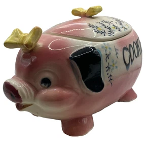 Pink Pig Cookie Jar Vintage Japan Ceramic Bow Handle on Lid - Picture 1 of 7