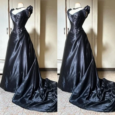 Vestidos de novia góticos negros satinados manga capa tren barrido cuello en V vestidos de novia Foto 1 de 4