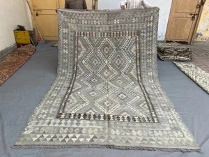 7x10 Modern Afghan Flat Weave Kilim Rug, Handwoven Gray Geometric Oriental Rug - Picture 1 of 13