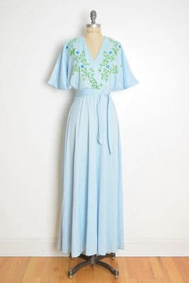 vintage 70s kimono dress blur floral print hippie boho long maxi belted L - Image 1 of 4