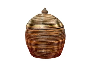 Vintage Brown Pencil Reed Basket With Lid Beehive Shape - Picture 1 of 9