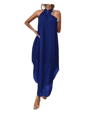  Mujer Otoño Formal Boda Invitada Vestido Halter Fluido Mediano Azul Real Foto 1 de 4