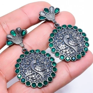 Emerald Lab-Created Gemstone 925 Sterling Silver Earring 1.8" t849 - Picture 1 of 8