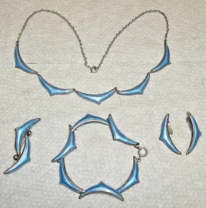 1950s STERLING 925S Blue GUILLOCHE Enamel Necklace Bracelet Earrings Brooch *SET - Picture 1 of 10