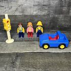 Playmobil 123 3 Figures Plus 1990 Blue Car And Stop Light/Walk Signal