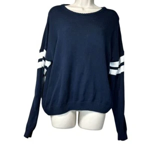 Brandy Melville Woman OS Veena Blue Varsity Stripe Crewneck Sweater Trendy Baggy - Picture 1 of 7