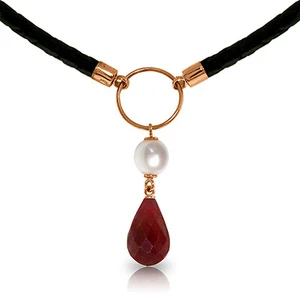 14K. SOLID GOLD & LEATHER NECKLACE WITH PEARL & RUBY - Picture 1 of 15