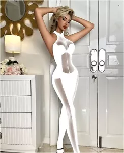 Sexy Bodystocking Straps Catsuit Dessous Sexy Erotik Schritt offen Nylon weiss - Bild 1 von 12