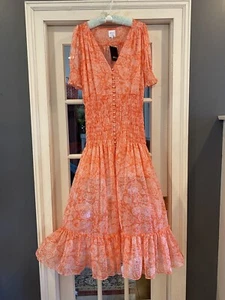 NWT Misa Chiffon Semi Sheer Coral Short Sleeve Smocked Summer Dress Sz Medium M - Picture 1 of 10