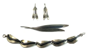 Vintage Mid Century Modern Sterling Beau Bracelet Pin & Earrings Set - Picture 1 of 12