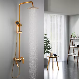 Gold Bathroom Shower Faucet Set Round Rainfall Shower Heads Mixer Wall Mount Tap - Picture 1 of 19