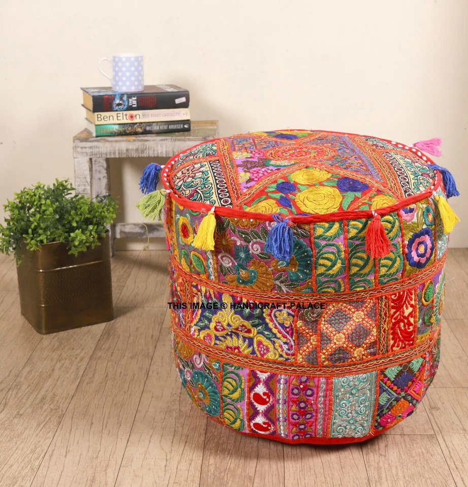 Indian Handmade Bohemian Patchwork Red Ottoman Pouf Cover Seating Foot Stool 18" - Image 1 of 3